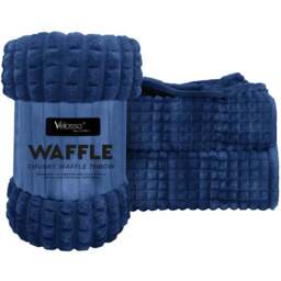 Velosso Navy Waffle Plush Throw 150 x 200cm - Size: 150 x 200 x 1cm - Wilko