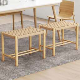 Costway Woven Paper Rubberwood Frame Dining Stool Set of 2 - Size: 63 x 42 x 33cm - Cream - Wilko