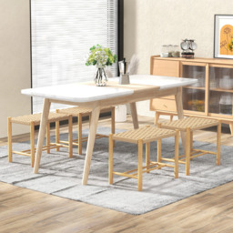 Costway Woven Paper Rubberwood Frame Dining Stool Set of 2 - Size: 63 x 42 x 33cm - Cream - Wilko - thumbnail 4
