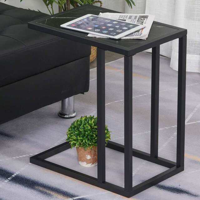 Portland Black C Shaped Marble Effect Top Side Table - Size: 45 x 30 x 51cm - Wilko - image 1