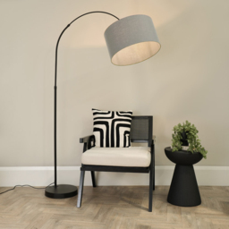 ValueLights Louis Grey Fabric Drum Shade Black Curved LED Floor Lamp - Size: 180 x 45 x 105cm - Wilko - thumbnail 3