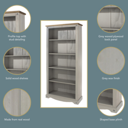 Corona 5 Shelf Grey Washed Wax Finish Tall Bookcase - Wilko - thumbnail 6
