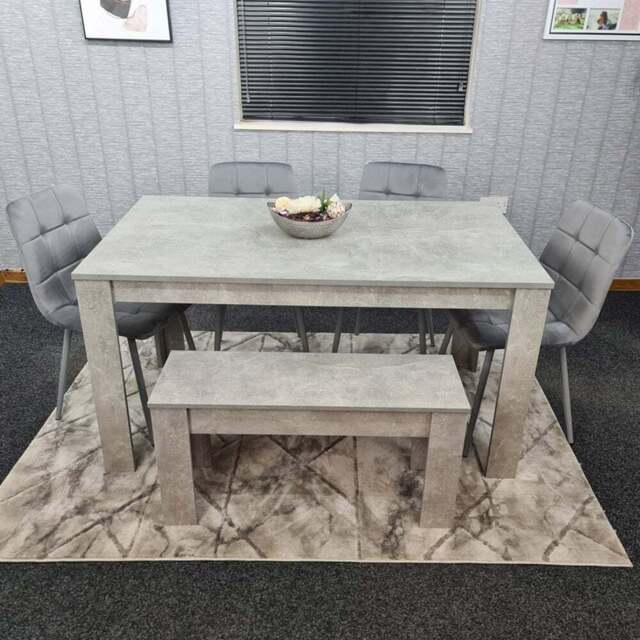 Portland Velvet 6 Seater Dining Set with Bench Stone Grey and Grey - Wilko - image 1