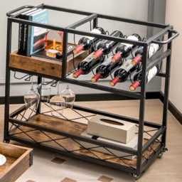 Costway 3 Shelf Rustic Brown Home Bar Serving Car with Removable Tray - Size: 80 x 40 x 83cm - Wilko