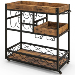 Costway 3 Shelf Rustic Brown Home Bar Serving Car with Removable Tray - Size: 80 x 40 x 83cm - Wilko - thumbnail 3