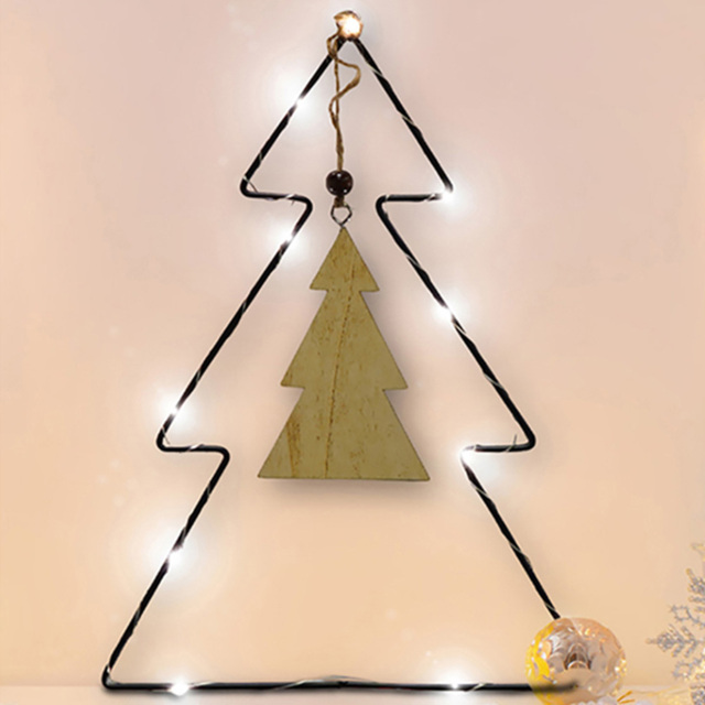 St Helens LED Metal Christmas Tree Decoration with Wooden Centre - Size: 310 x 220 x 3cm - Black - Wilko - image 1