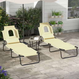 Outsunny Set of 2 Beige Folding Sun Lounger with Reading Hole - Size: 36 x 58 x 187cm - Cream - Wilko - thumbnail 1