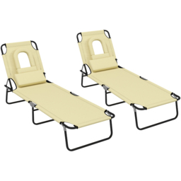 Outsunny Set of 2 Beige Folding Sun Lounger with Reading Hole - Size: 36 x 58 x 187cm - Cream - Wilko - thumbnail 3