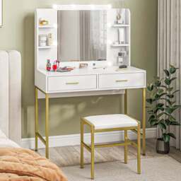 Portland White Vanity Dressing Table Set with Mirror - Size: 132.5 x 45 x 90cm - Wilko