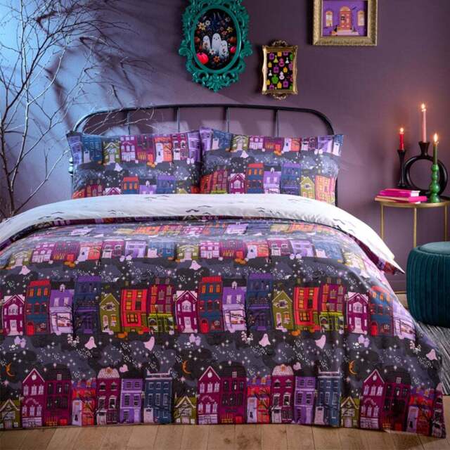 furn. King Size Creepy Town Reversible Charcoal Duvet Set - Purple - Wilko - image 1