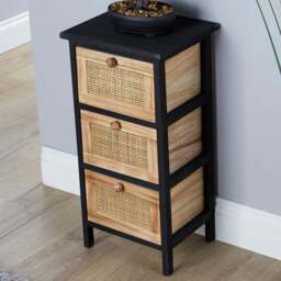 Home Source Mosina 3 Drawer Black and Rattan Solid Wooden Storage Unit - Multi - Wilko - thumbnail 1