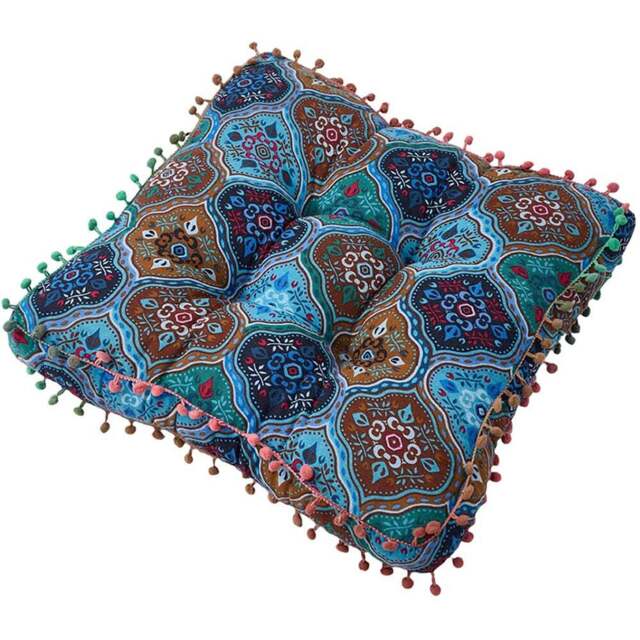 Living and Home Blue Turkish Style Square Seat Cushion with Pom Pom Trim 40 x 40cm - Size: 8 x 40 x 40cm - Wilko - image 1