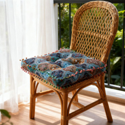 Living and Home Blue Turkish Style Square Seat Cushion with Pom Pom Trim 40 x 40cm - Size: 8 x 40 x 40cm - Wilko - thumbnail 3