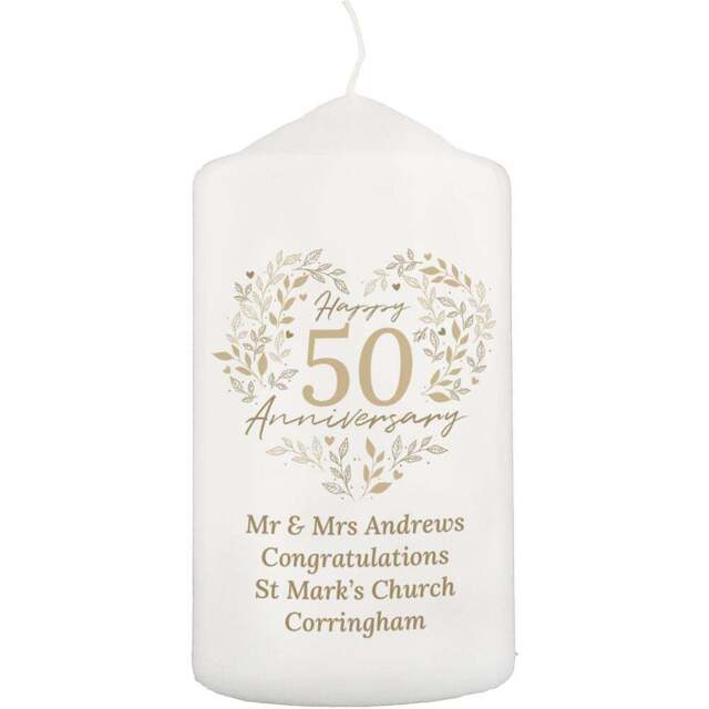 Personalised Memento Personalised 50th Golden Wedding Anniversary Pillar Candle - Size: 0.7 x 1.3 x 0.7cm - White - Wilko - image 1