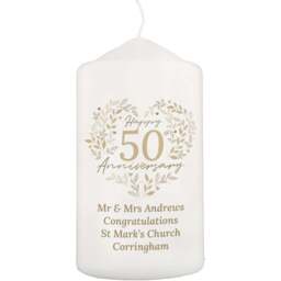 Personalised Memento Personalised 50th Golden Wedding Anniversary Pillar Candle - Size: 0.7 x 1.3 x 0.7cm - White - Wilko - thumbnail 1