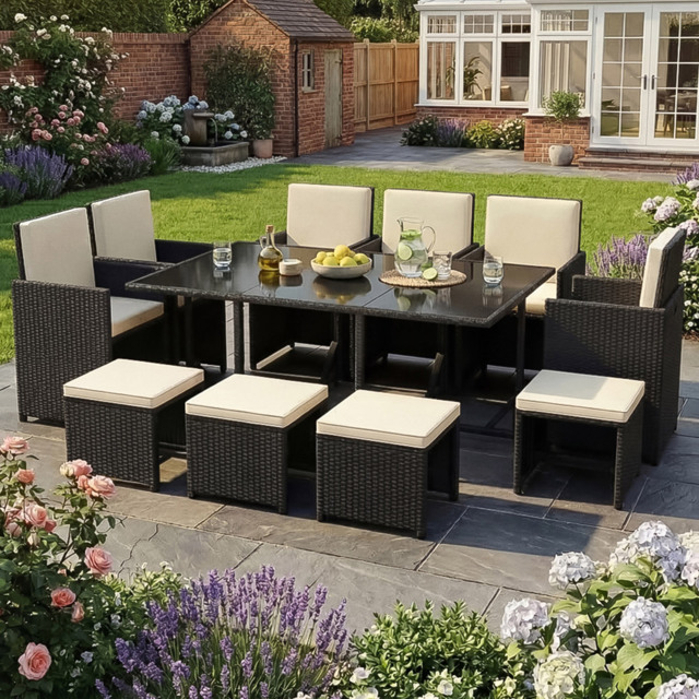 Garden Vida Cuba 10 Seater Black PE Rattan Garden Dining Set with Cover - Wilko - image 1