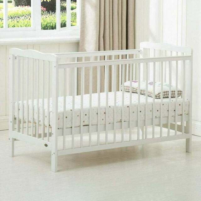 Brooklyn White Height Adjustable Wooden Baby Cot Crib with Mattress - Size: 85 x 125 x 66cm - MCC - Wilko