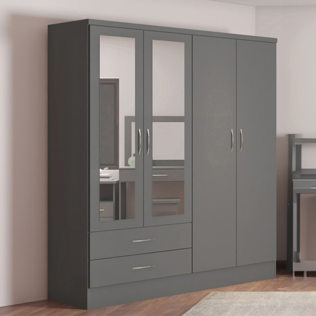 Seconique Nevada 4 Door 2 Drawer 3D Effect Grey Mirror Wardrobe - Size: 4 Door, 2 Drawer - Wilko - image 1