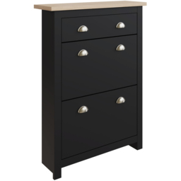 GFW Lancaster 2 Door 1 Drawer Black and Oak Shoe Cabinet - Size: 108 x 78 x 24cm - Wilko - thumbnail 3
