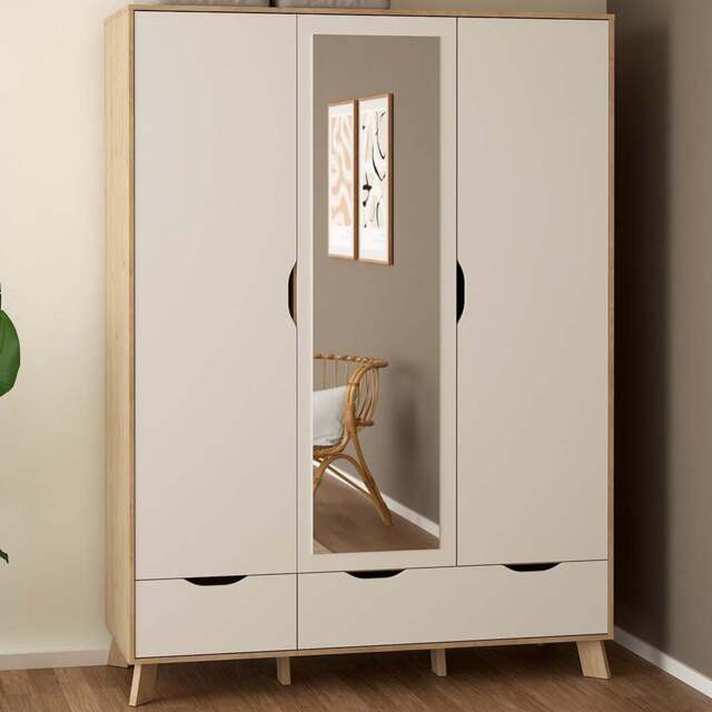 Furniture To Go Ikast 3 Door 2 Drawer White and Brown Mirror Wardrobe - Size: 3 Door, 2 Drawer - Wilko - image 1