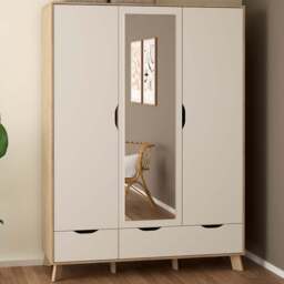 Furniture To Go Ikast 3 Door 2 Drawer White and Brown Mirror Wardrobe - Size: 3 Door, 2 Drawer - Wilko - thumbnail 1