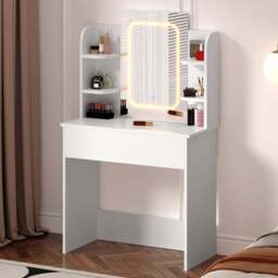 FurnitureHMD Single Drawer 4 Shelf White Wooden Dressing Table with Adjustable LED Mirror - Size: 140 x 85 x 40cm - Wilko