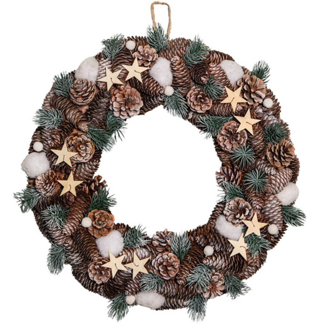 Samuel Alexander Frosted Christmas Wreath with Pine Cones and Wooden Stars 50cm - Size: 50 x 9 x 9cm - Multi - Wilko - image 1