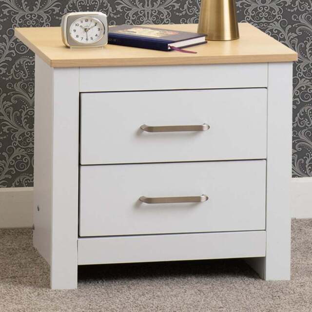 Seconique Portland 2 Drawer White and Oak Effect Bedside Table - Wilko - image 1
