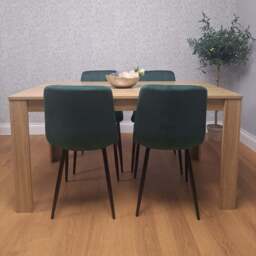 Portland 4 Seater Square Velvet Dining Set Oak Effect and Green - Multi - Wilko - thumbnail 6