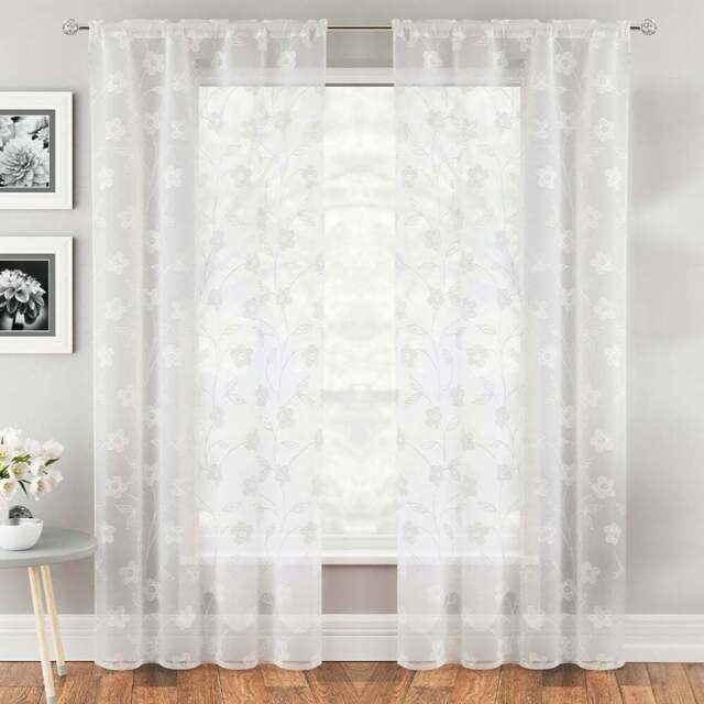 Tyrone Textiles Sienna White Floral Trail Embroidered Rod Pocket Voile Panel Curtains 140 x 183cm - Size: W 140 x D 183cm - Wilko - image 1