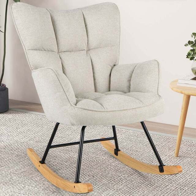 Costway Beige Linen High Backrest Nursery Rocking Chair - Size: 74 x 72 x 38cm - Cream - Wilko - image 1