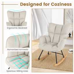 Costway Beige Linen High Backrest Nursery Rocking Chair - Size: 74 x 72 x 38cm - Cream - Wilko - thumbnail 5