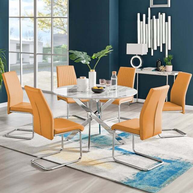 Furniturebox Arona Fortana Marble Effect 6 Seater Round Dining Set White Chrome and Mustard - Yellow - Wilko - image 1
