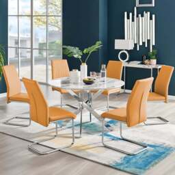 Furniturebox Arona Fortana Marble Effect 6 Seater Round Dining Set White Chrome and Mustard - Yellow - Wilko - thumbnail 1