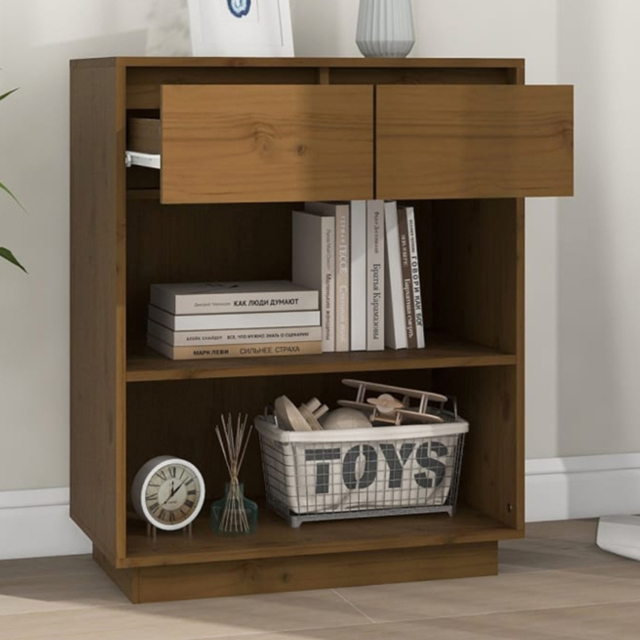 vidaXL 2 Drawer 2 Open Shelf Honey Brown Solid Pinewood Console Cabinet - Size: 75 x 60 x 34cm - Wilko - image 1