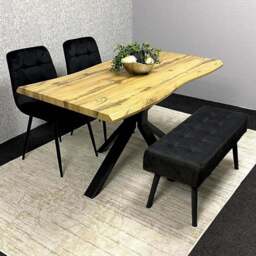 Portland 4 Seater Velvet Wooden Dining Set with Bench Brown and Black - Multi - Wilko - thumbnail 1