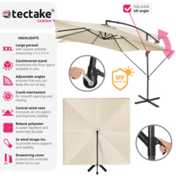 tectake Apollo Beige Adjustable Tilt Cantilever Parasol 2.5 x 2.5m - Size: 3m - Cream - Wilko - thumbnail 7