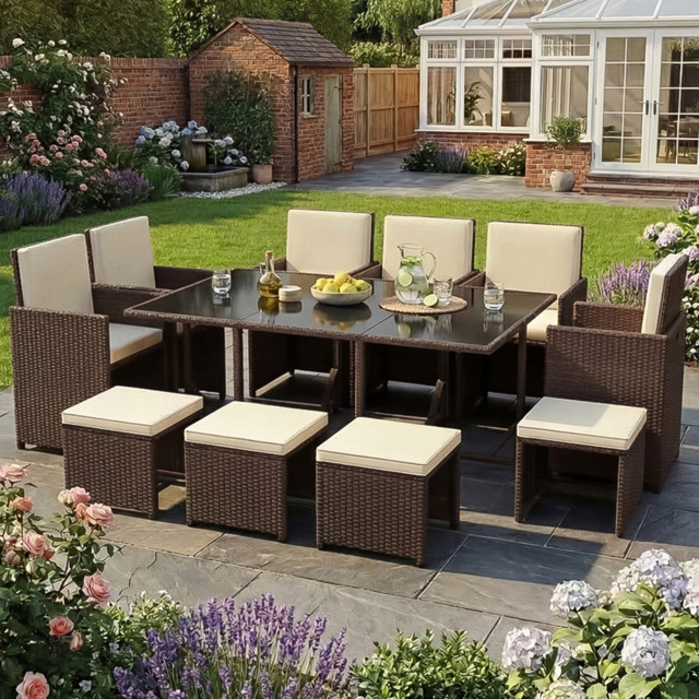 Garden Vida Cuba 10 Seater Brown PE Rattan Garden Dining Set with Cover - Wilko - image 1