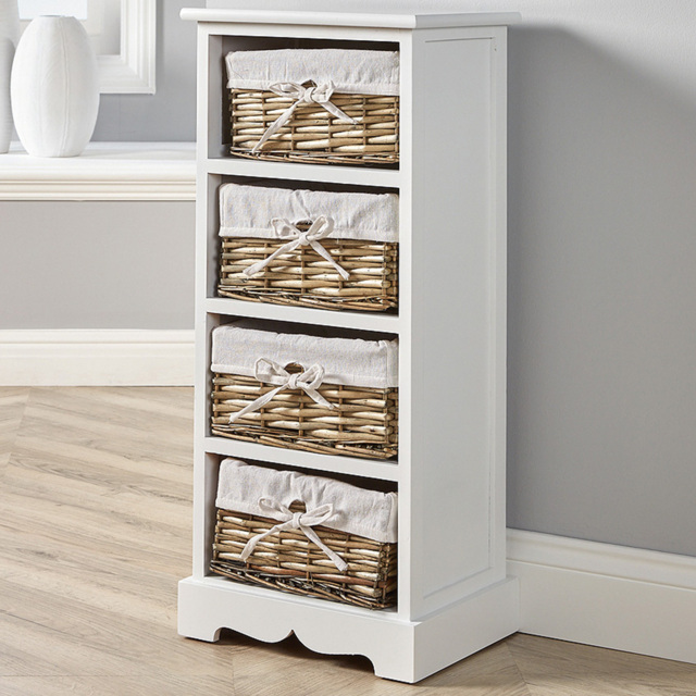 Home Source Lichfield 4 Basket Drawer White Wooden Wicker Storage Unit - Size: 76 x 26 x 63cm - Wilko - image 1