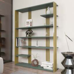 Decorotika Jeni 6 Shelf Green and Gold Bookcase - Size: 160 x 120 x 29.6cm - Multi - Wilko