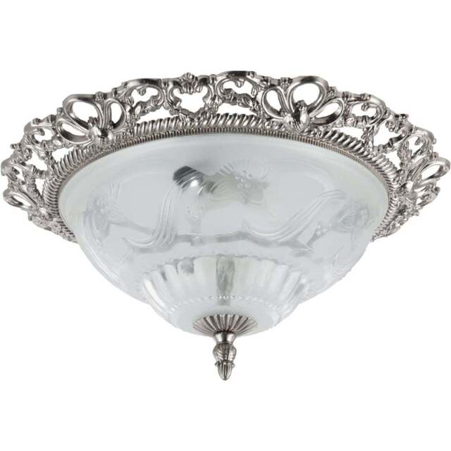 Happy Homewares Traditional Satin Nickel and Floral Glass Flush Ceiling Light - Size: 11 x 33 x 33cm - Silver - Wilko - image 1