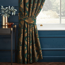 Paoletti Shiraz Emerald Floral Jacquard Pencil Pleat Curtain 168 x 229cm - Size: W 229 x D 168cm - Green - Wilko - thumbnail 4