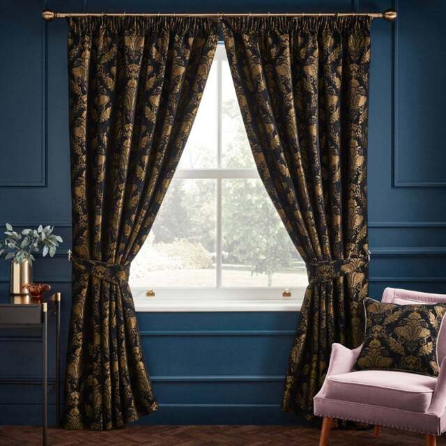 Paoletti Shiraz Black Traditional Jacquard Pencil Pleat Curtains 168 x 229cm - Size: W 168 x D 229cm - Wilko - image 1
