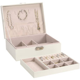 H&O Direct 2 Tier White PU Leather Jewellery Box with Lock - Size: 8.5 x 23 x 17cm - Wilko - thumbnail 3