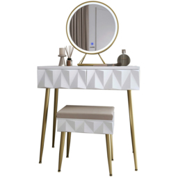 CARME Home Montana 2 Drawer White and Gold Dressing Table Set with LED Mirror - Size: 35 x 50 x 89cm - Wilko - thumbnail 3