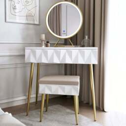 CARME Home Montana 2 Drawer White and Gold Dressing Table Set with LED Mirror - Size: 35 x 50 x 89cm - Wilko - thumbnail 1