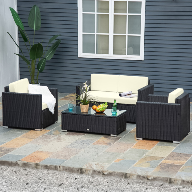 Outsunny 4 Seater Black and White PE Rattan Sofa Lounge Set - Wilko - image 1