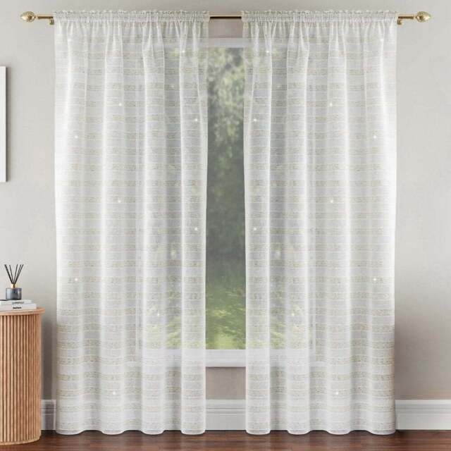 Tyrone Textiles Lima Gold Metallic Lurex Stripe Rod Pocket Voile Panel Curtains 140 x 229cm - Size: W 140 x D 229cm - Wilko - image 1