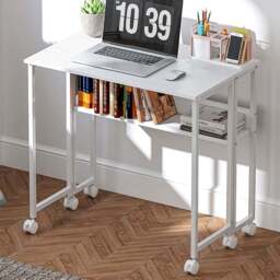 HOMCOM Single Shelf Foldable Computer Desk with Wheels and Side Bag White - Size: 75 x 50 x 80cm - Wilko