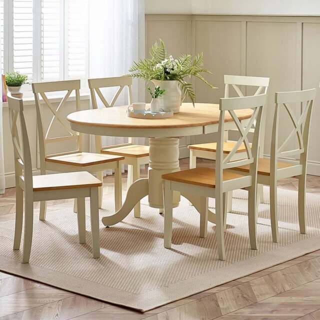 Furniturebox Fowey Marros 6 Seater Wooden Extending Dining Set Cream and Oak Effect - Wilko - image 1